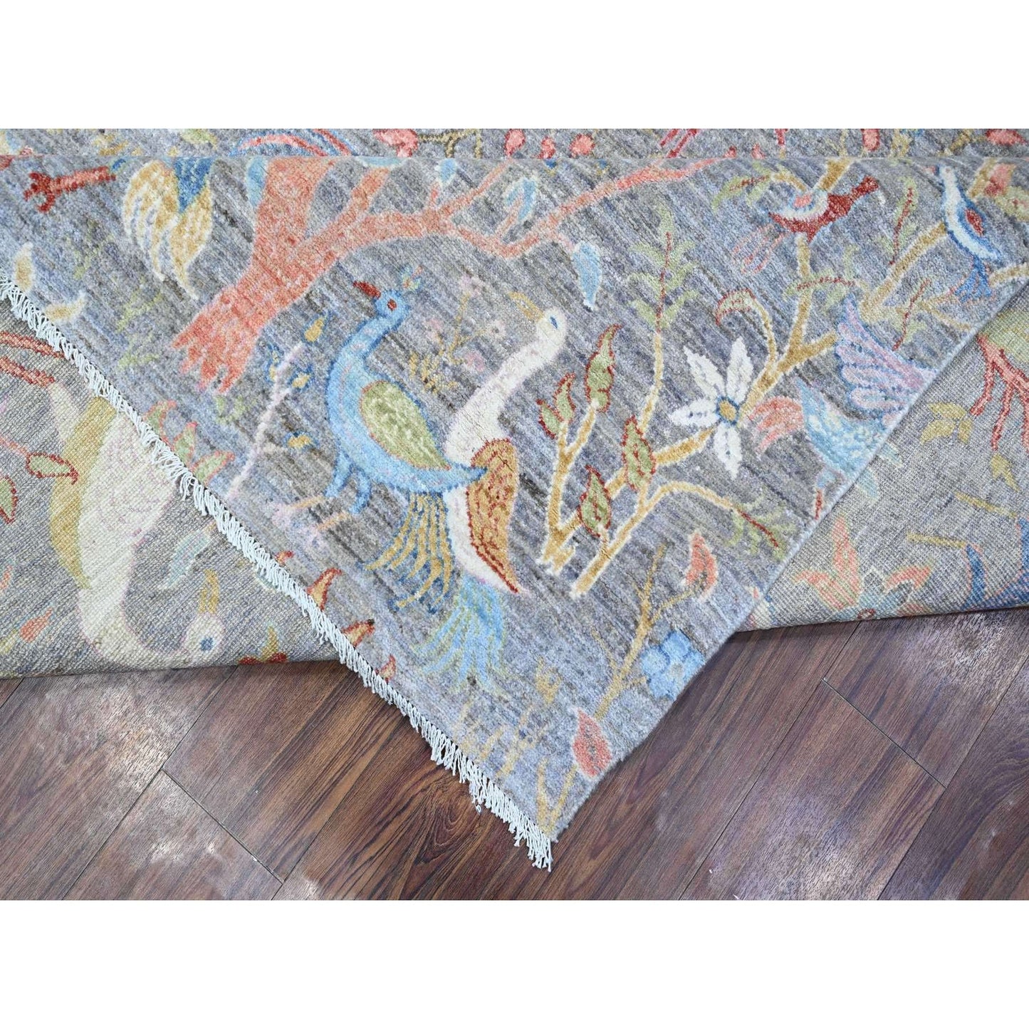 12'X12' Gray Hand Knotted Peshawar Birds Of Paradise Square Oriental Rug