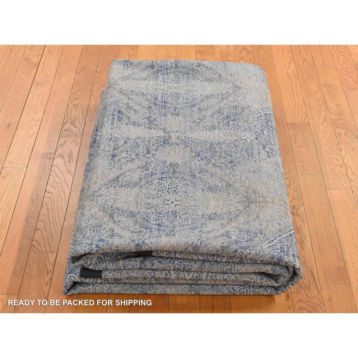 9'X12' Wolf Gray Broken Rosette Design Wool And Silk Hand Knotted Rug