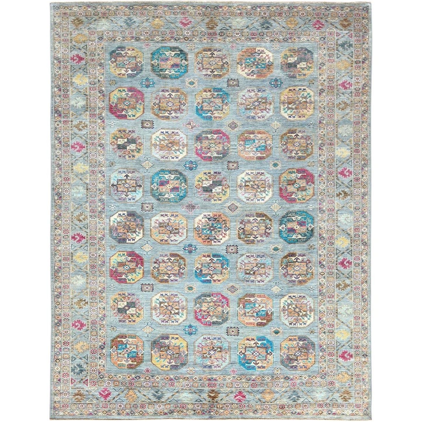 8'8"X11'9" Light Blue Soft Wool Hand Knotted Afghan Super Kazak Rug
