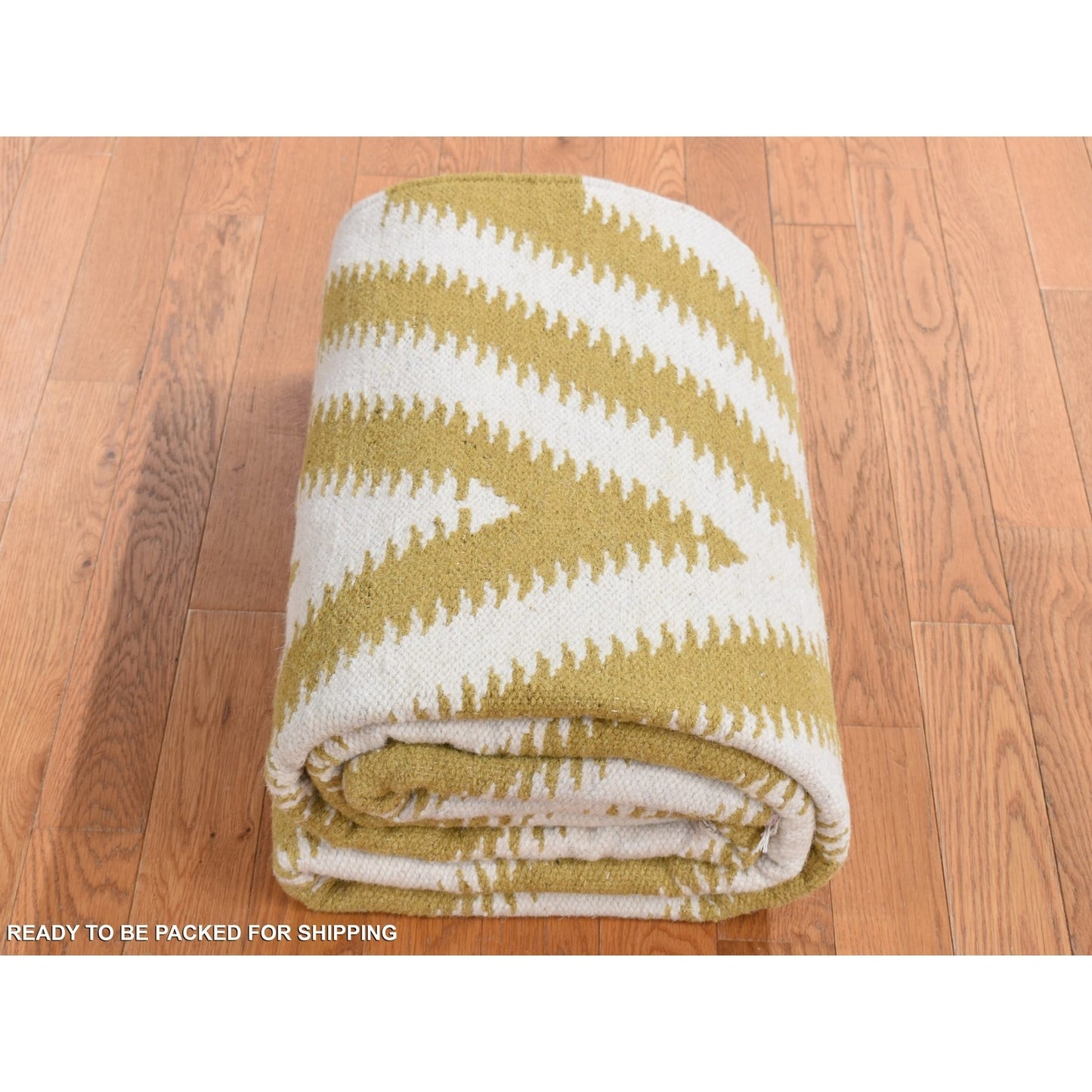 8'X10' Yellow Flat Weave Kilim Chevron Design Hand Woven Pure Wool Rug