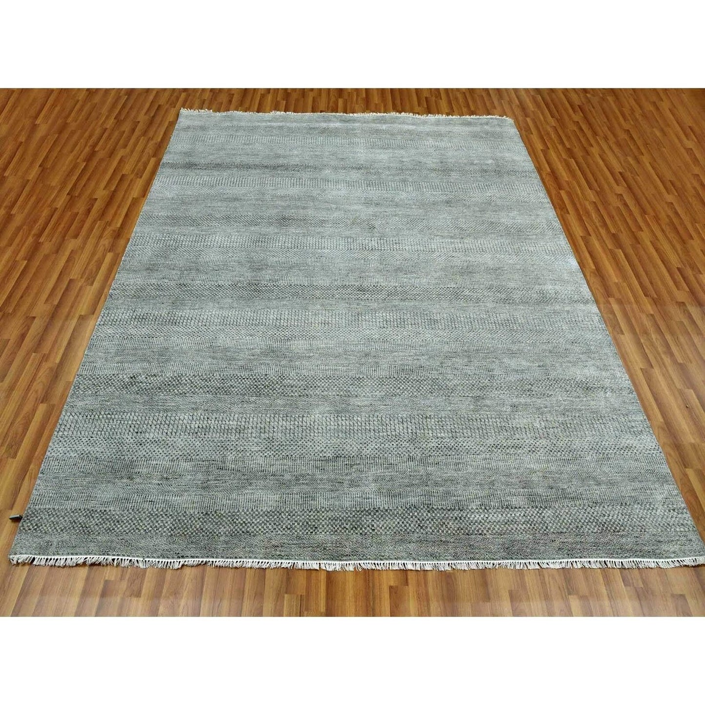 8'X10' Ash Gray Wool And Silk Hand Knotted Grass Design Oriental Rug