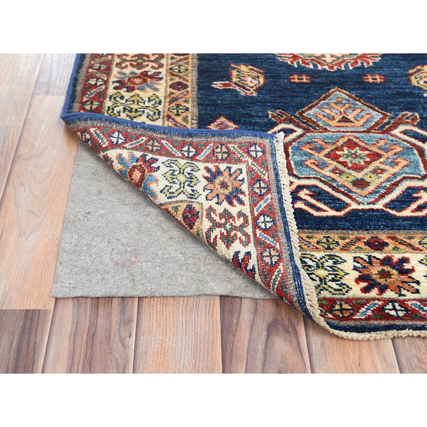 2'10"X13'2" Prussian Blue Afghan Super Kazak Wool Hand Knotted Rug