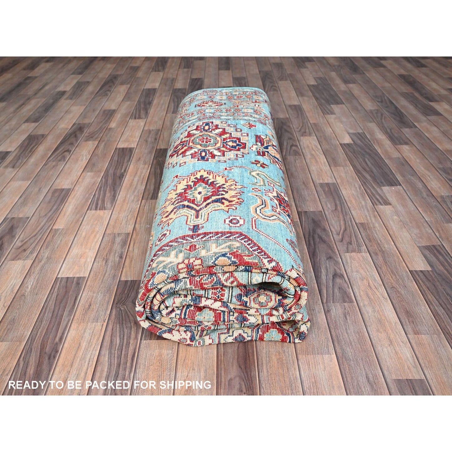 9'X12'1" Fanfare Blue Kazak Geometric Hand Knotted 100% Wool Oriental Rug