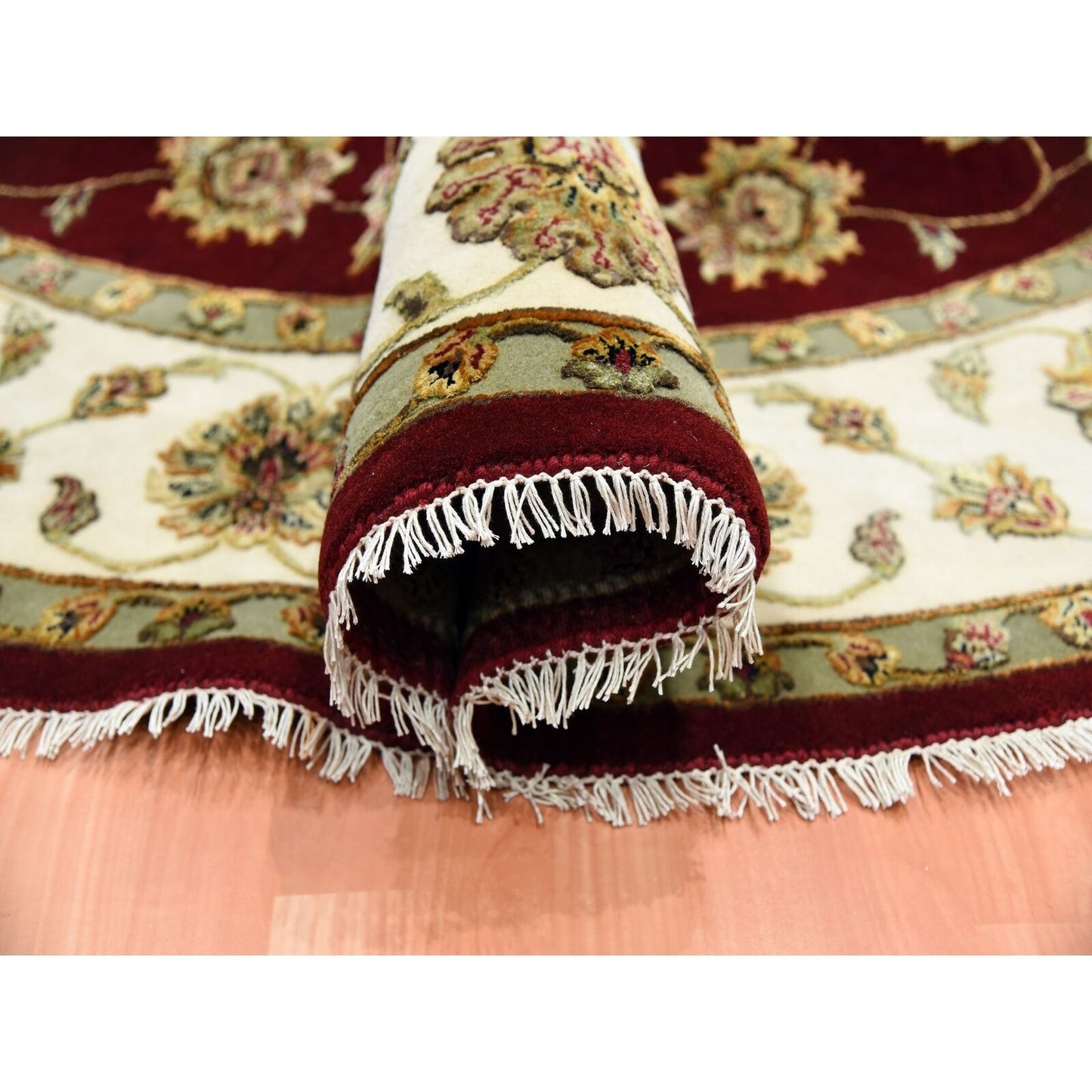 8'X8' Burgundy Red Wool And Silk Hand Knotted Rajasthan Design Round Rug