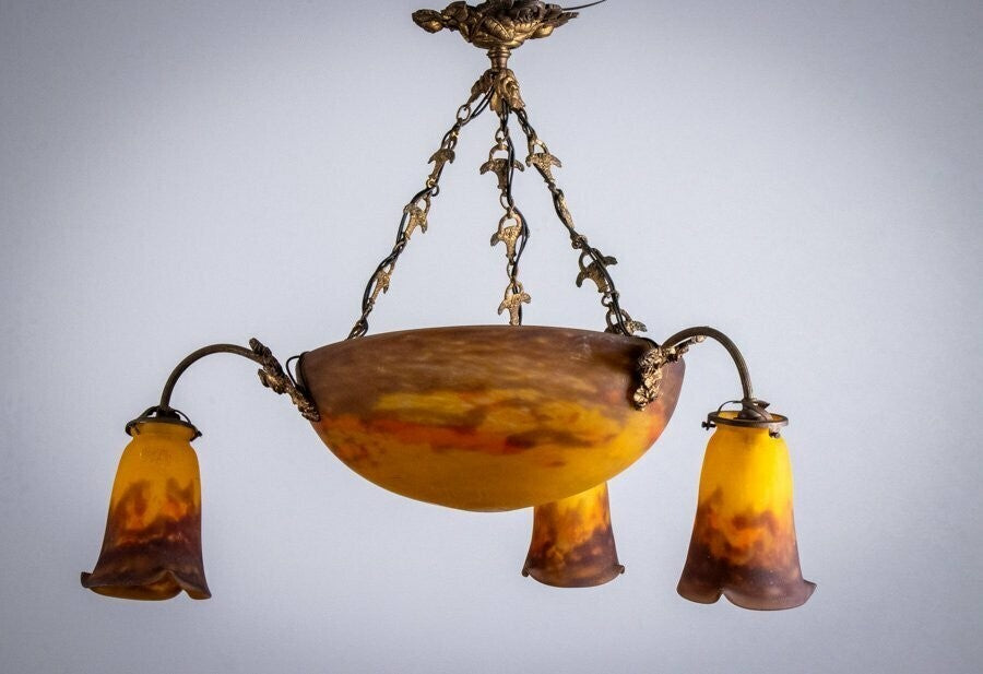 Muller Freres Signed Chandelier Gilt Bronze & Art