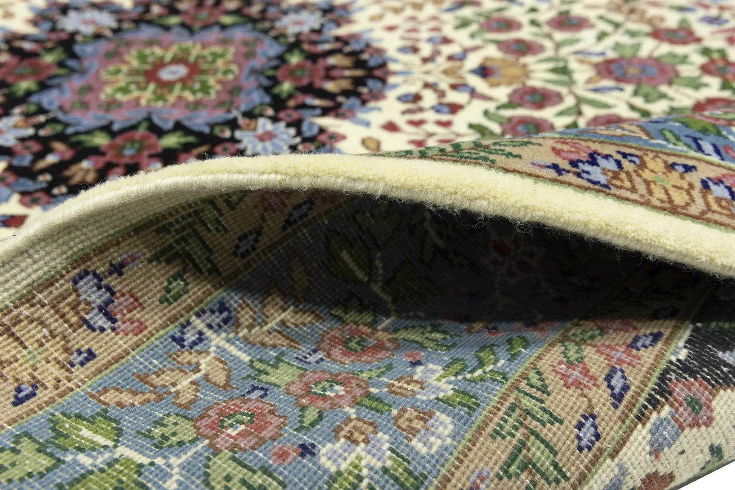 Handmade Kirman Oriental Rug Cream & Blue Floral