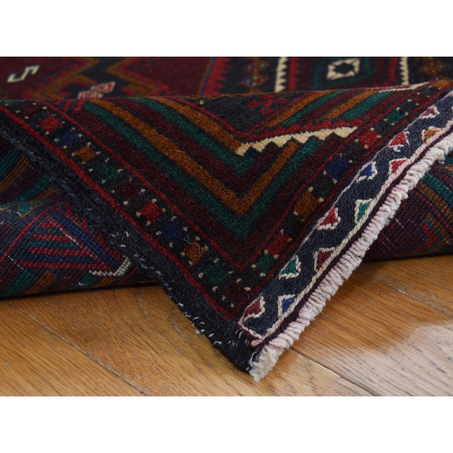 3'10"X7' Red Afghan Balooch Geometric Design Pure Wool Hand Knotted Rug