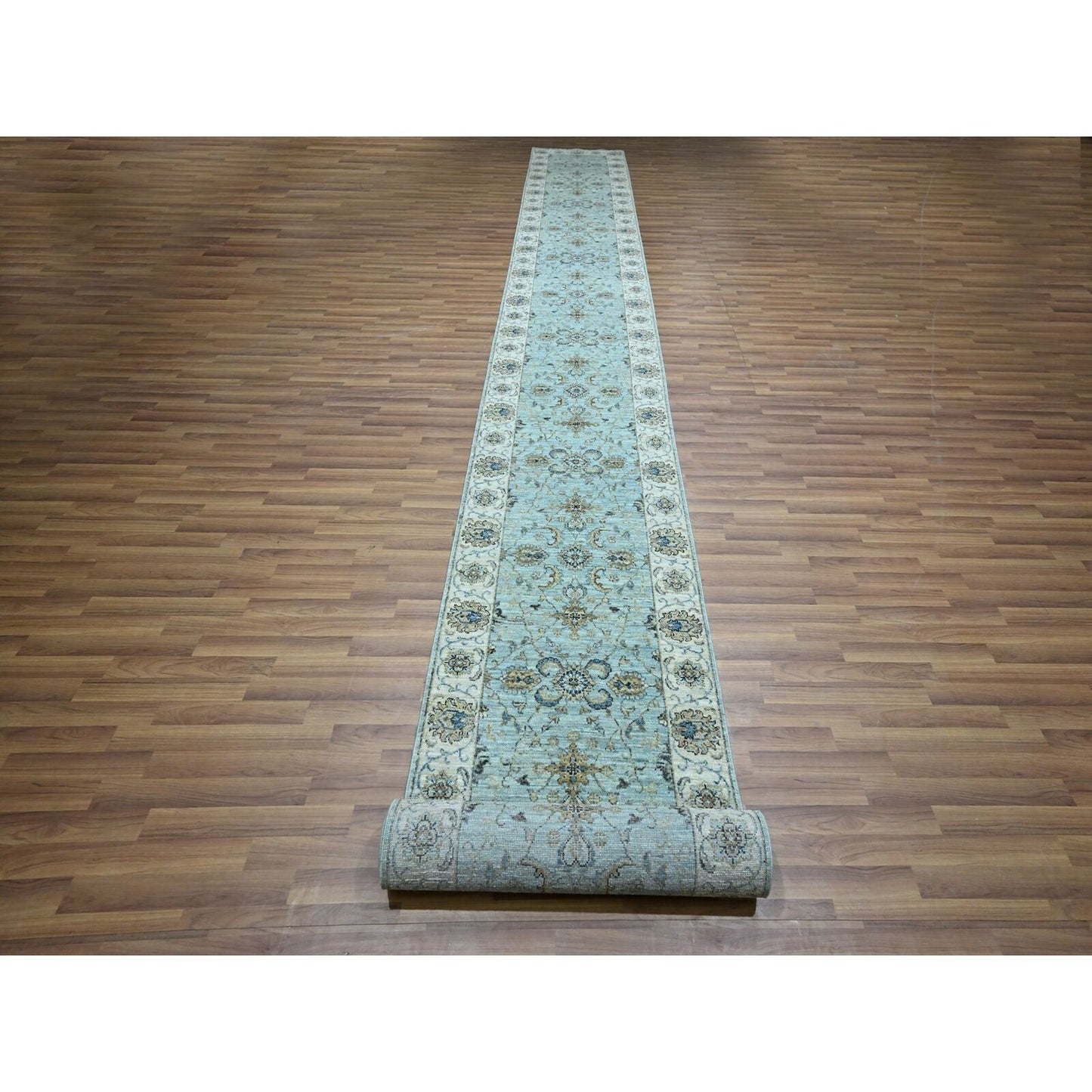 2'9"X24'3" Mist Blue Agra Flower Design Wool Hand Knotted Xl Runner Rug