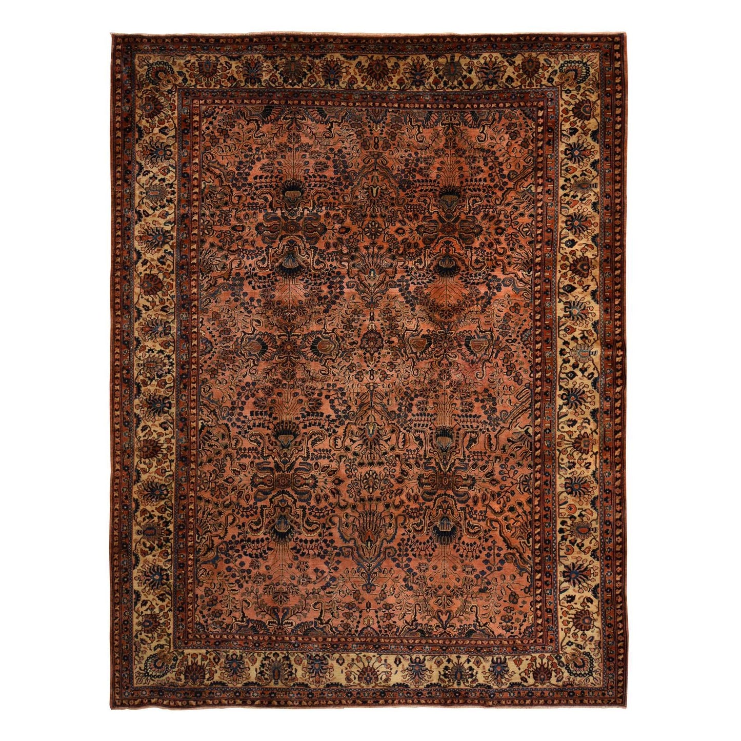 9'10"X13'7" Coral Salmon Antique Zoroastrian Pure Wool Hand Knotted Rug