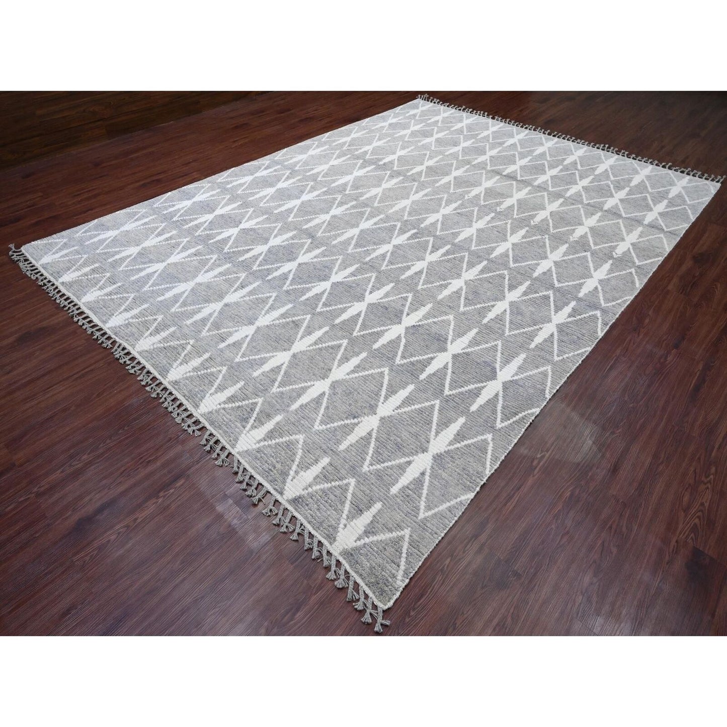 9'1"X12'4" Gray Moroccan Weave Geometric Pattern Hand Knotted Wool Rug
