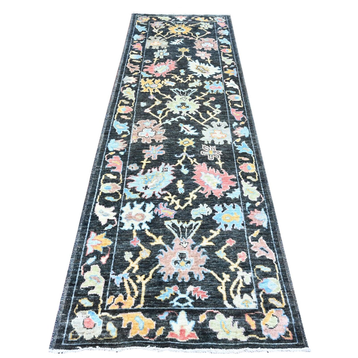 3'X9'8" Black Afghan Angora Oushak Hand Knotted Pure Wool Runner Rug