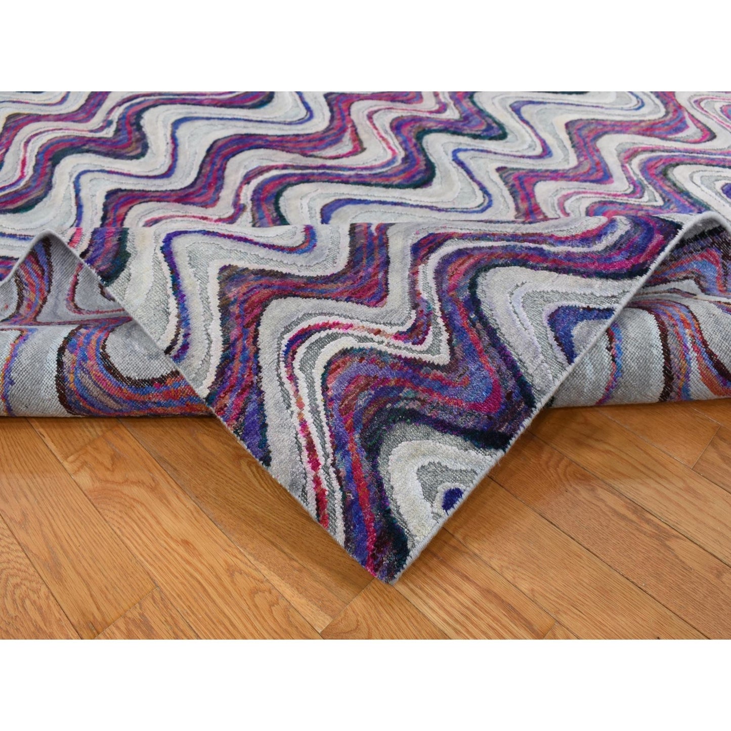 9'X11'10" Ivory The Colorful Waves Silk With Wool Hand Knotted Rug