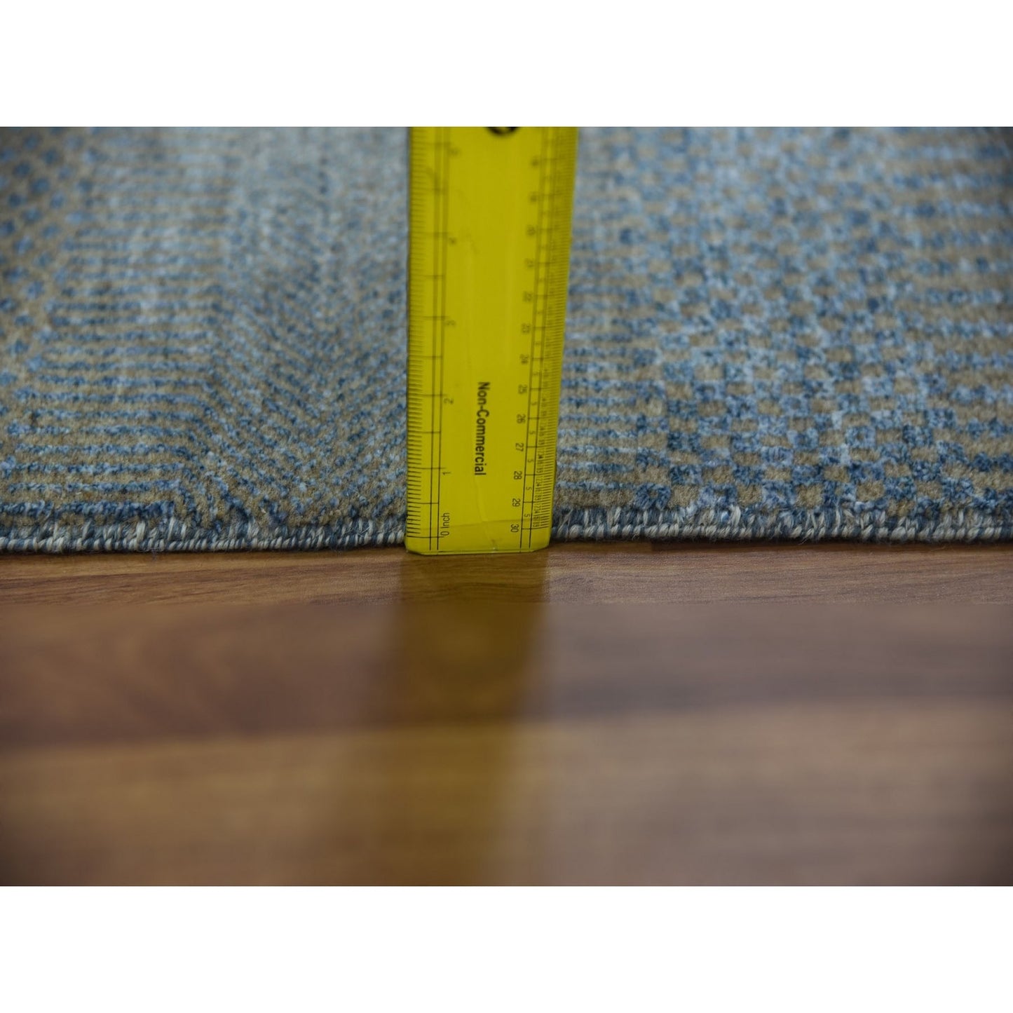 2'7"X15'5" Blue Modern Grass Design Wool And Silk Hand Knotted Runner Rug