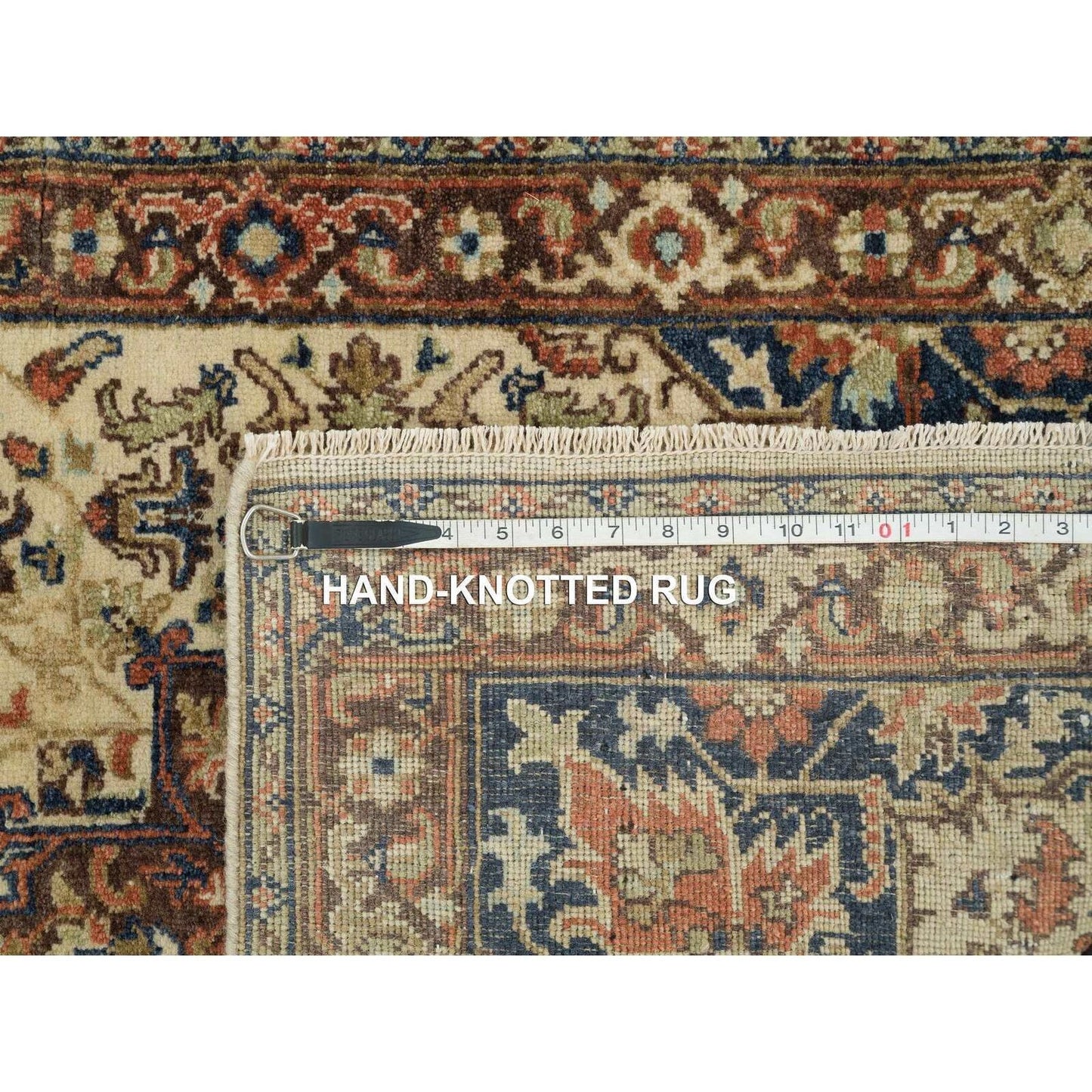 2'7"X10'3" Beige Antiqued Heriz Re-Creation Wool Hand Knotted Runner Rug