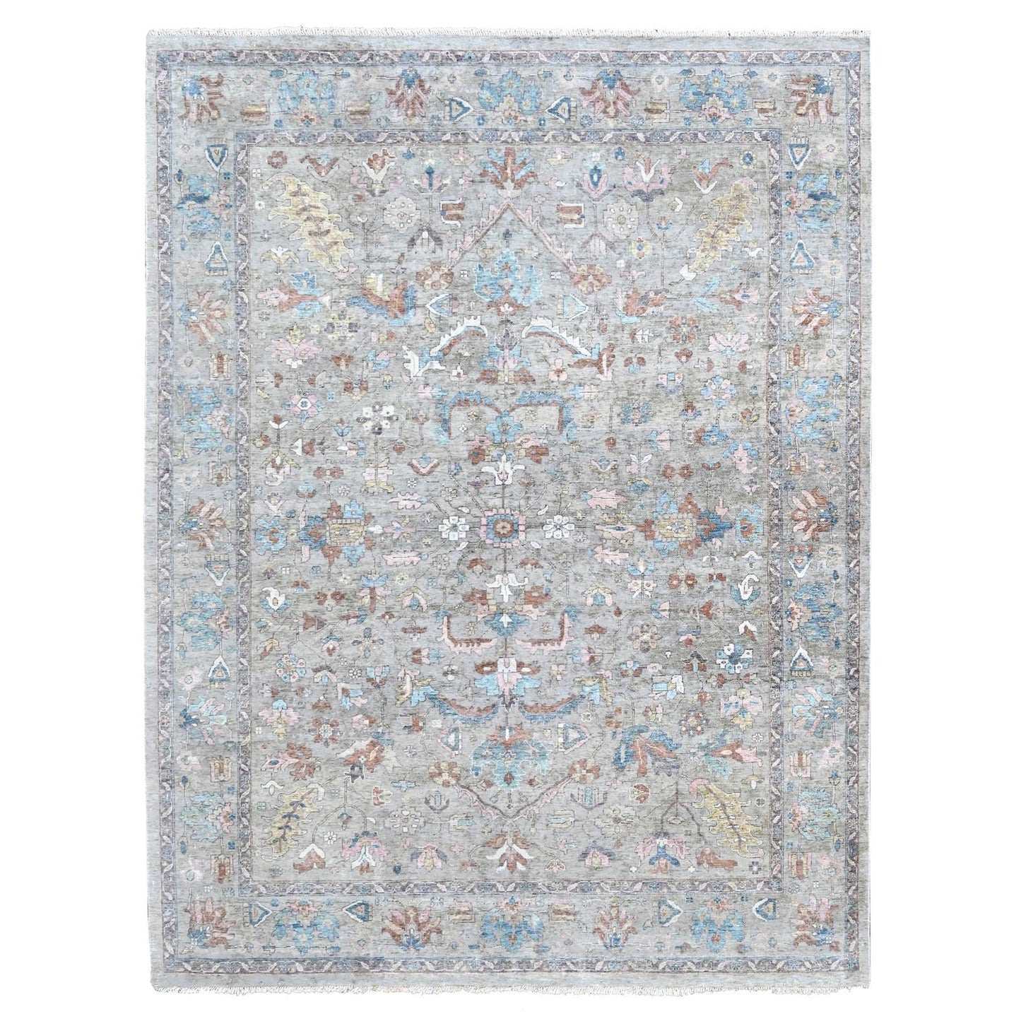 8'6"X11'3" Light Brown Antiqued Tebraz Design Pure Wool Hand Knotted Rug