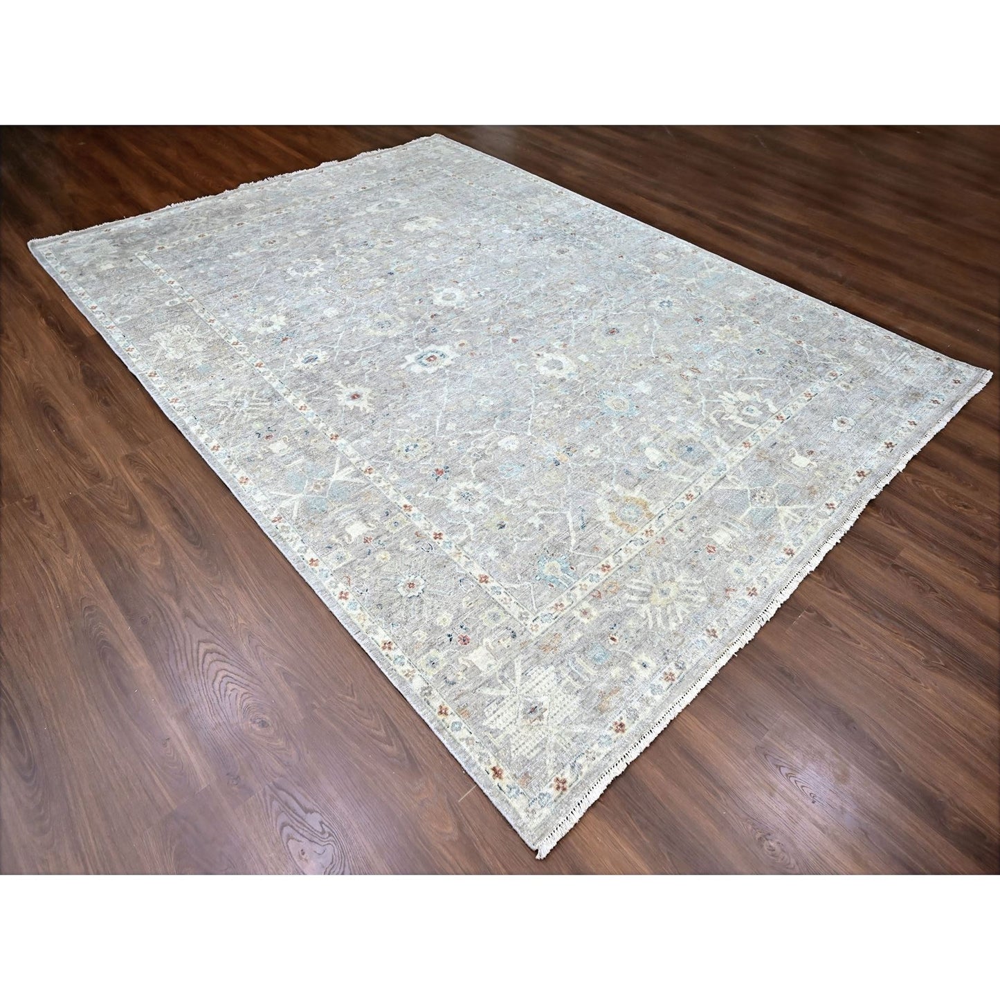 9'X11'9" Gray Antiqued Tebraz Design Zero Pile 100% Wool Hand Knotted Rug
