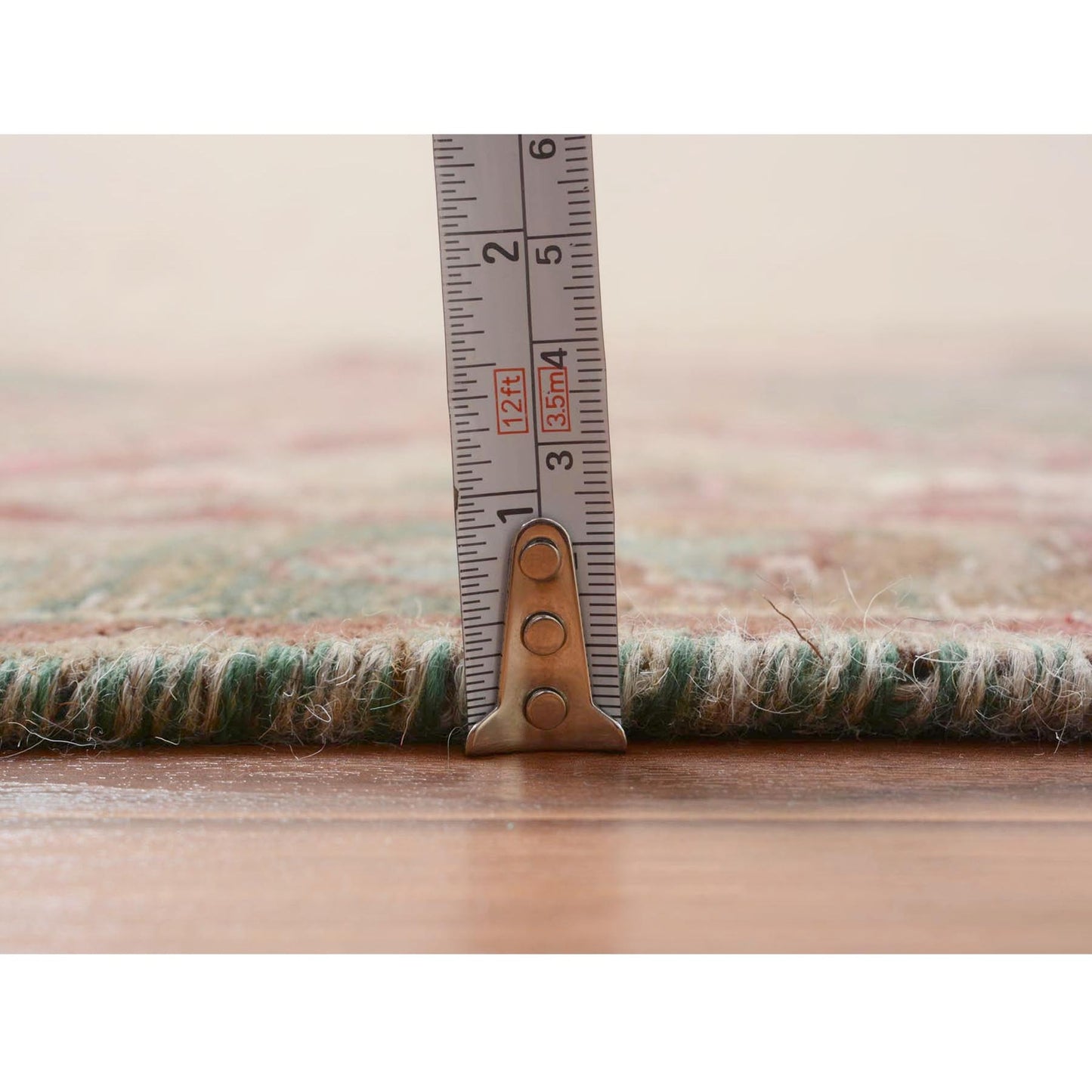 3'7"X12'3" Green Vintage And Worn Down Farsian Heris Handknotted Wool Rug