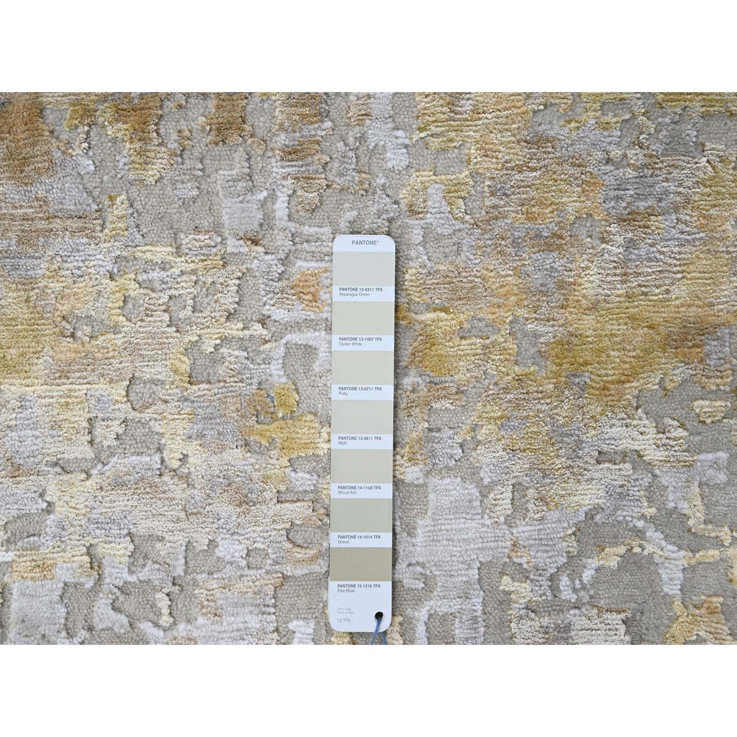 9'X12' Beige With Gold Abstract Design Wool And Silk Hand Knotted Rug