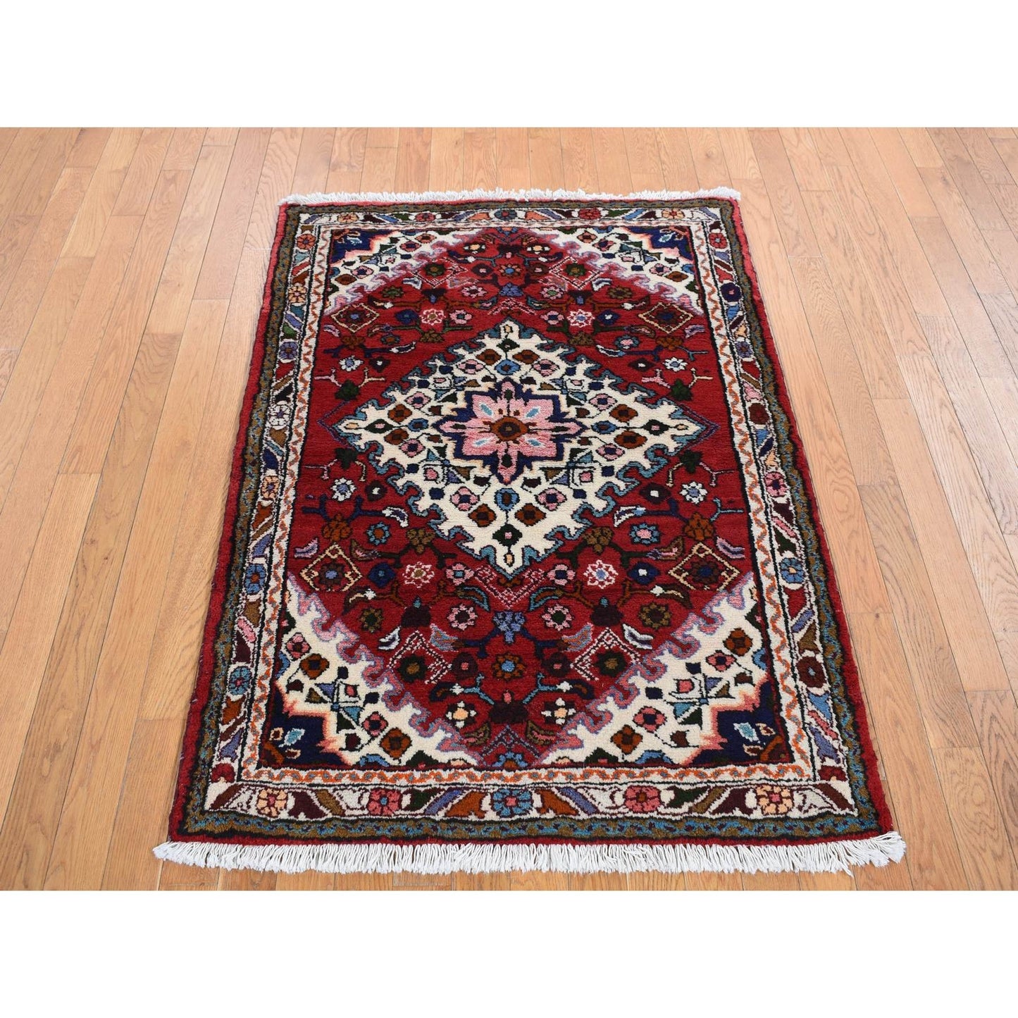 3'7"X4'8" Red New Zoroastrian Bohemian Khmadan Pure Wool Hand Knotted Rug