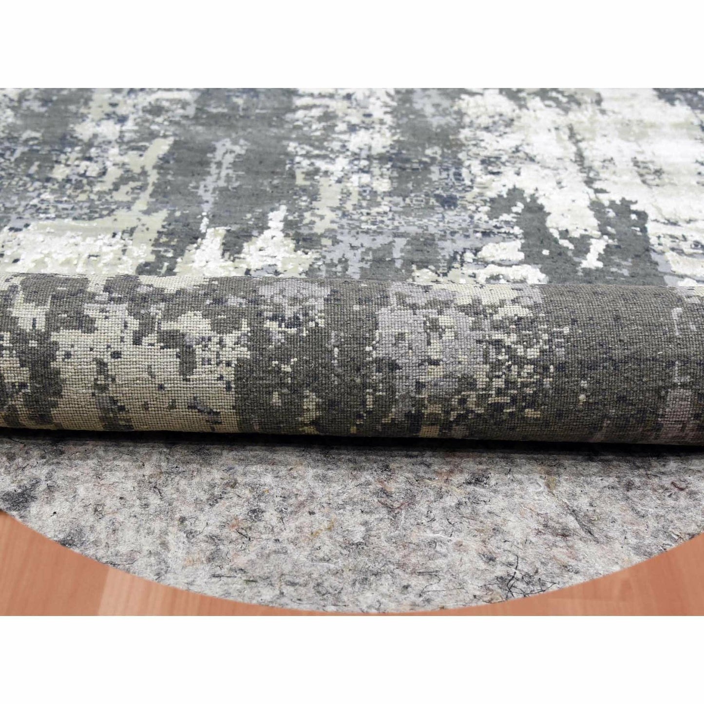 10'X10' Charcoal Gray Wool And Silk Denser Weave Hand Knotted Round Rug