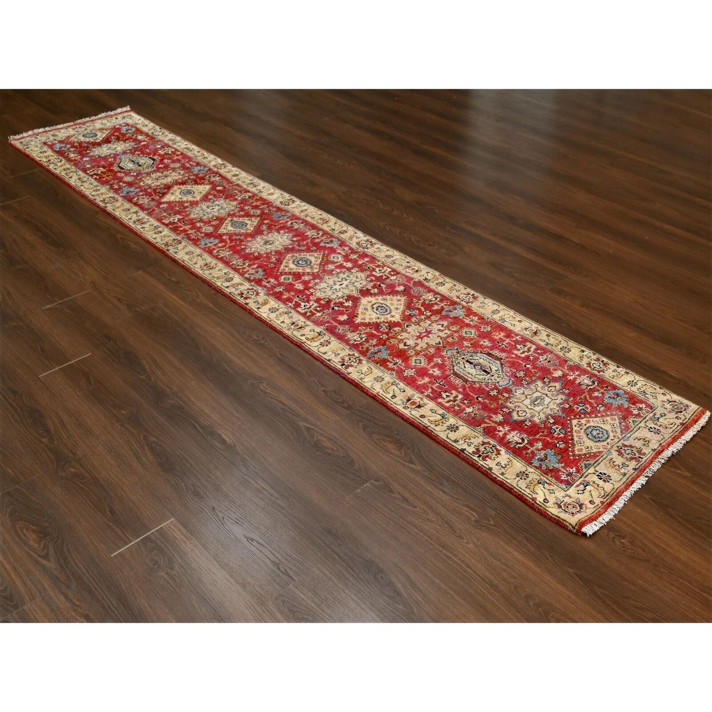 2'7"X12' Red Karjihooz Design Pure Wool Hand Knotted Runner Rug