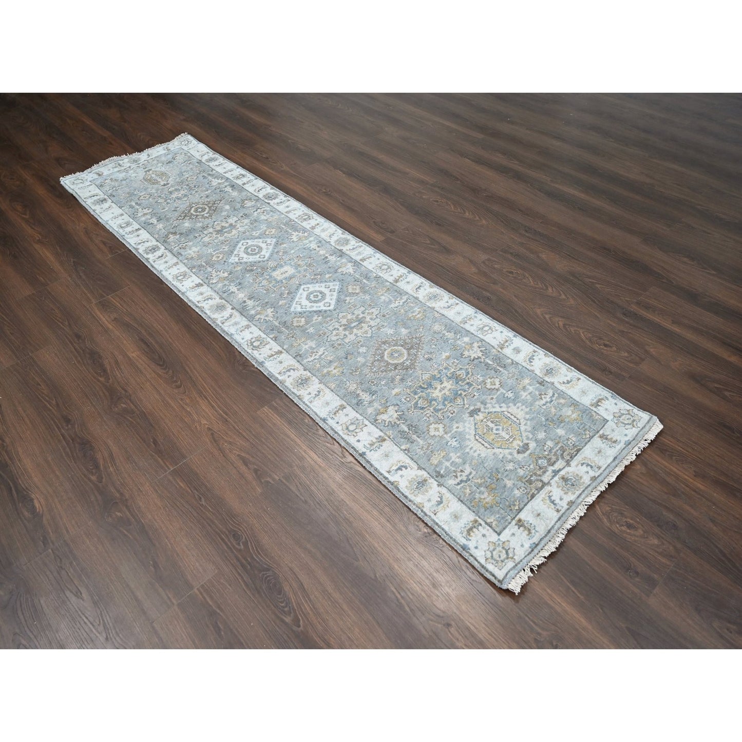 2'7"X10' Gray Karjihooz Design Natural Wool Hand Knotted Runner Rug