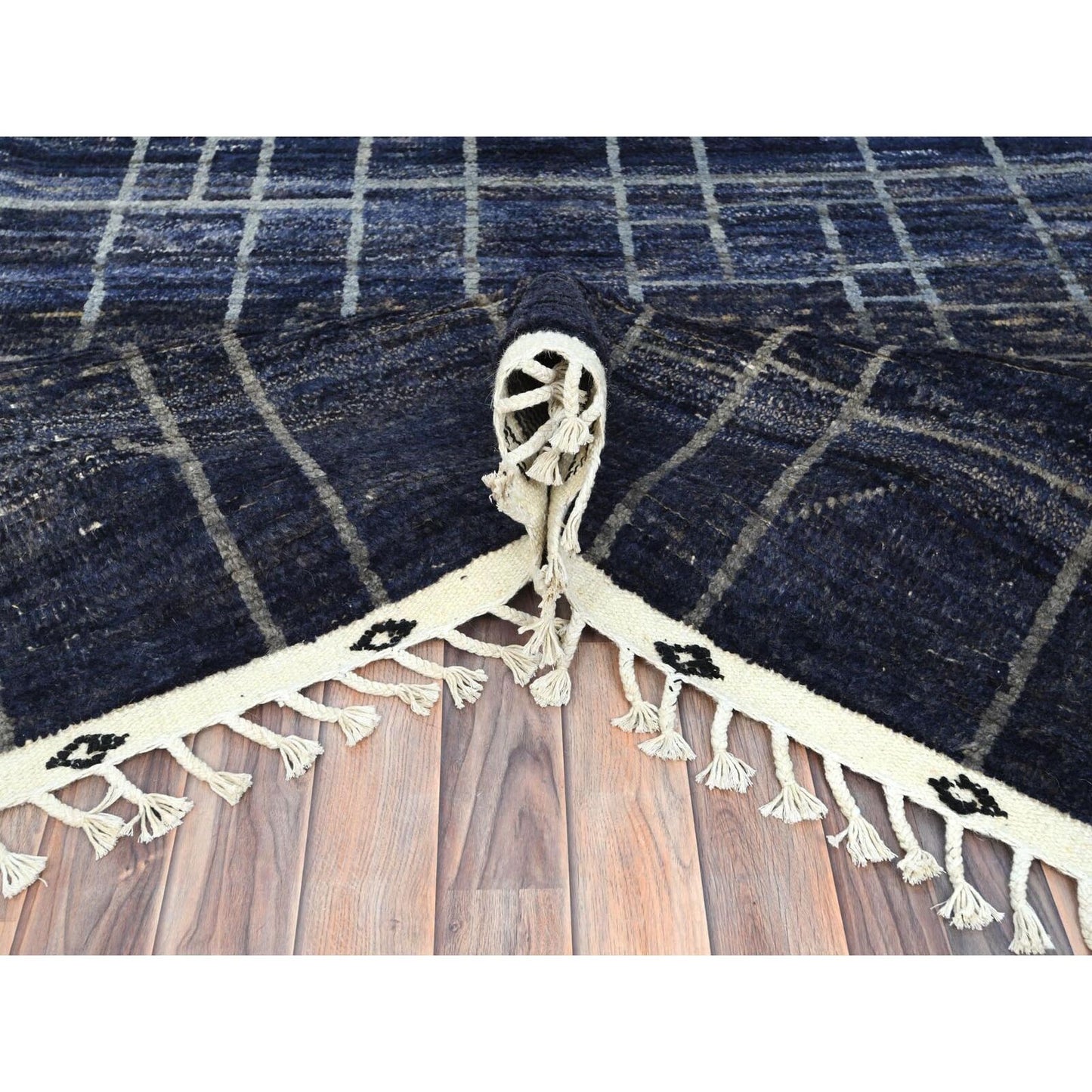 9'X12'5" Blue Hand Knotted Ben Ourain Moroccan Berber Soft Wool Rug