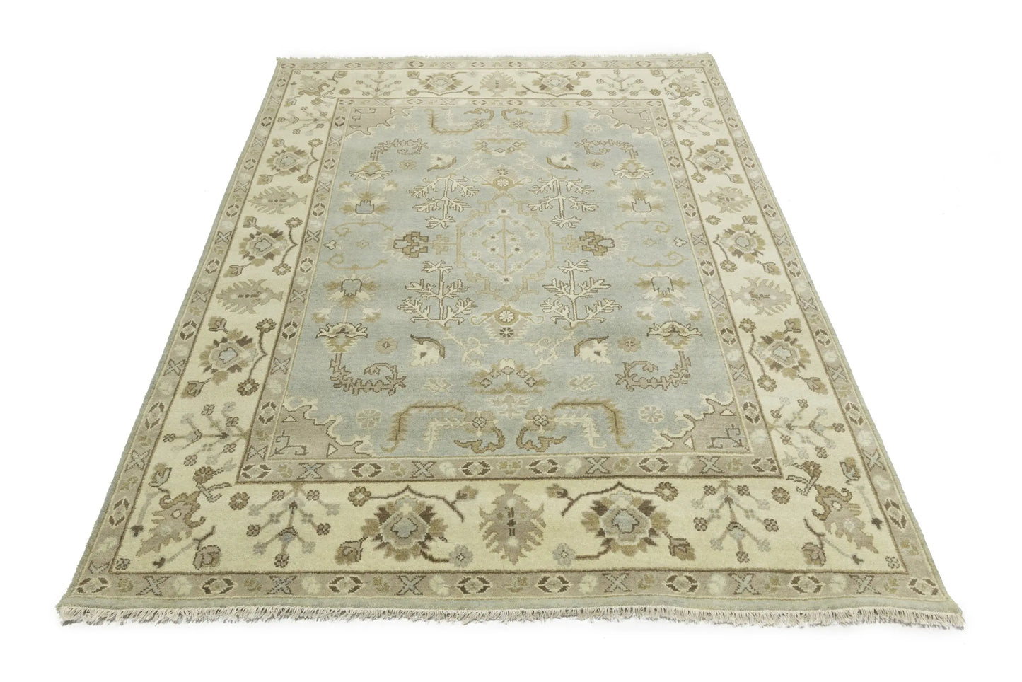 Handmade Oushak Chobi Wool Rug Light Gray Floral