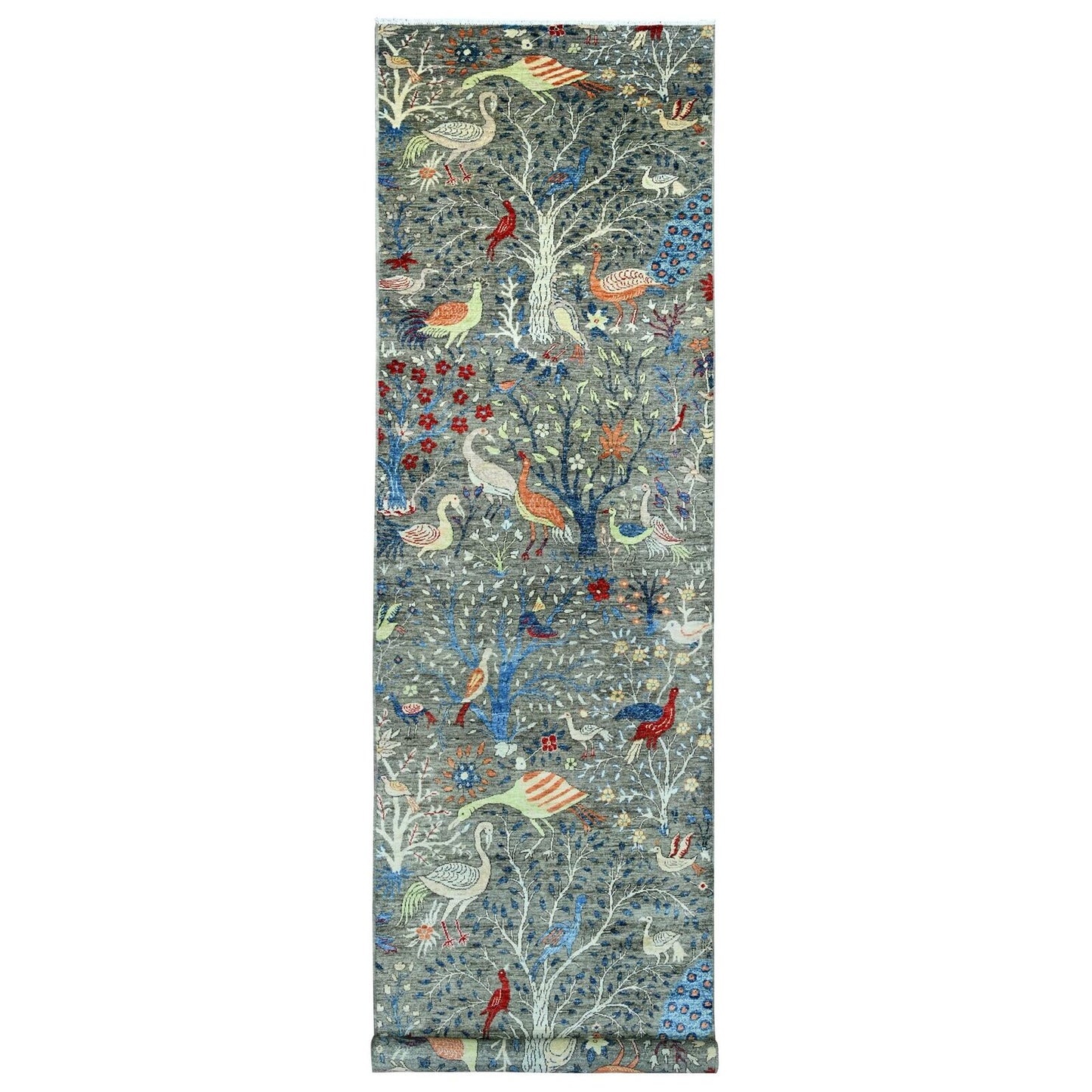 4'X16'4" Dim Gray Afghan Birds Design Hand Knotted Soft Wool Runner Rug