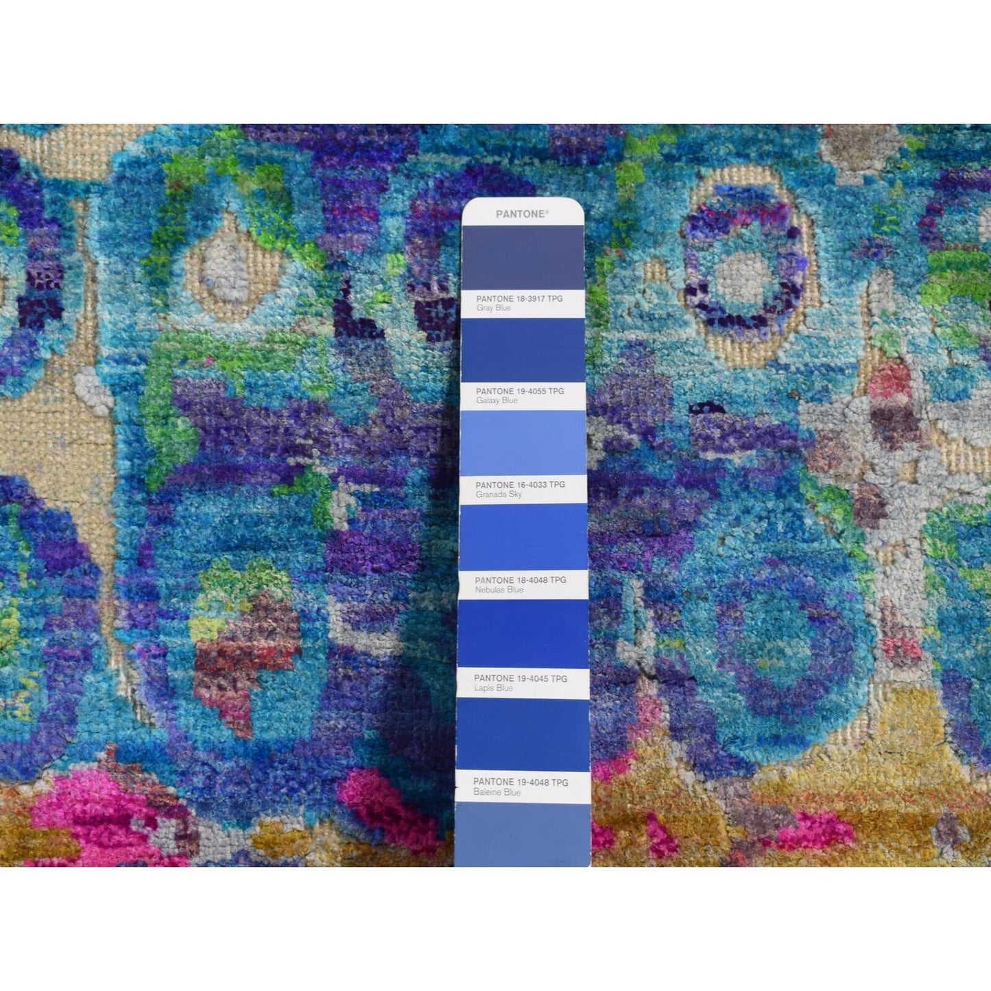 3'X12'4" Admiral Blue The Peacock Sari Silk Hand Knotted Runner Rug