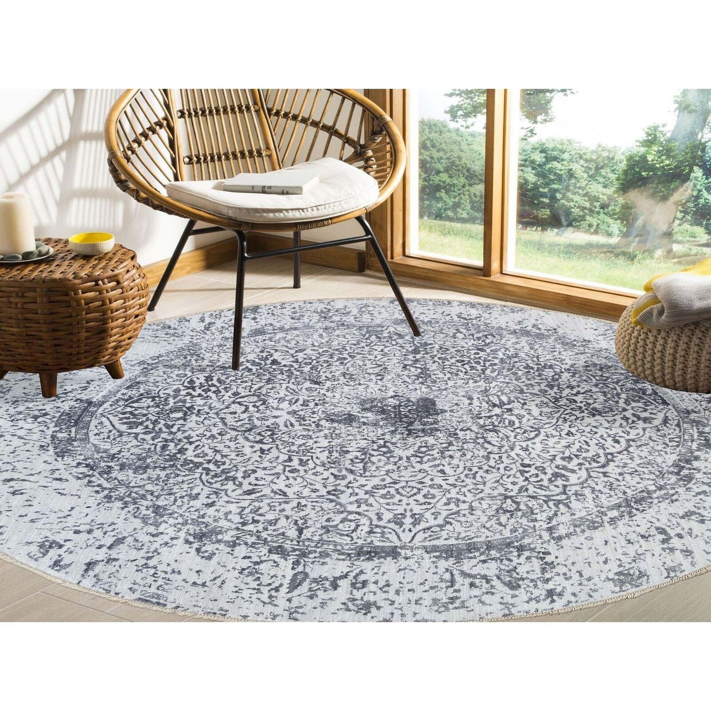 9'9"X9'9" Gray Erased Farsian Design Wool/Silk Hand Knotted Round Rug