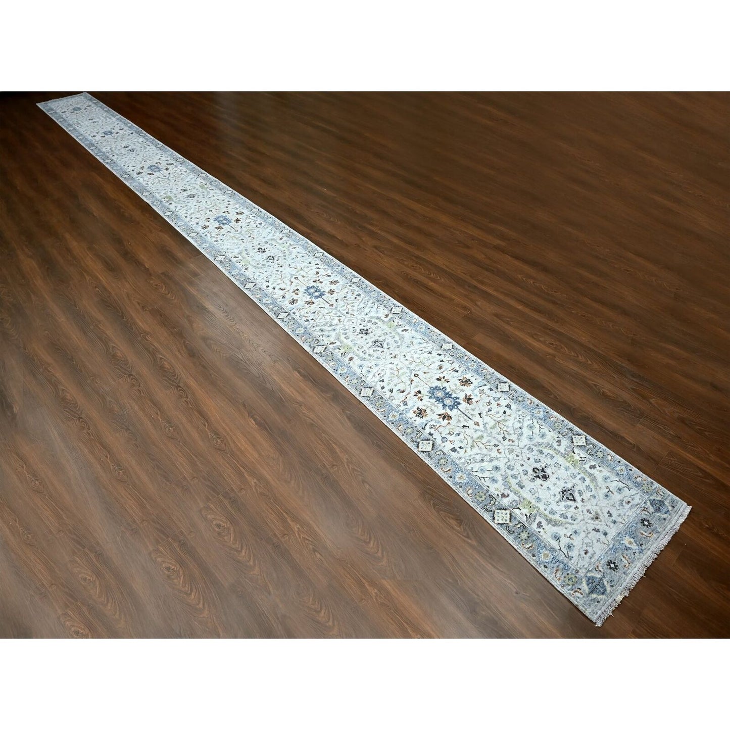 2'5"X30'4" Gray 100% Wool Hand Knotted Oushak Floral Design Xl Runner Rug