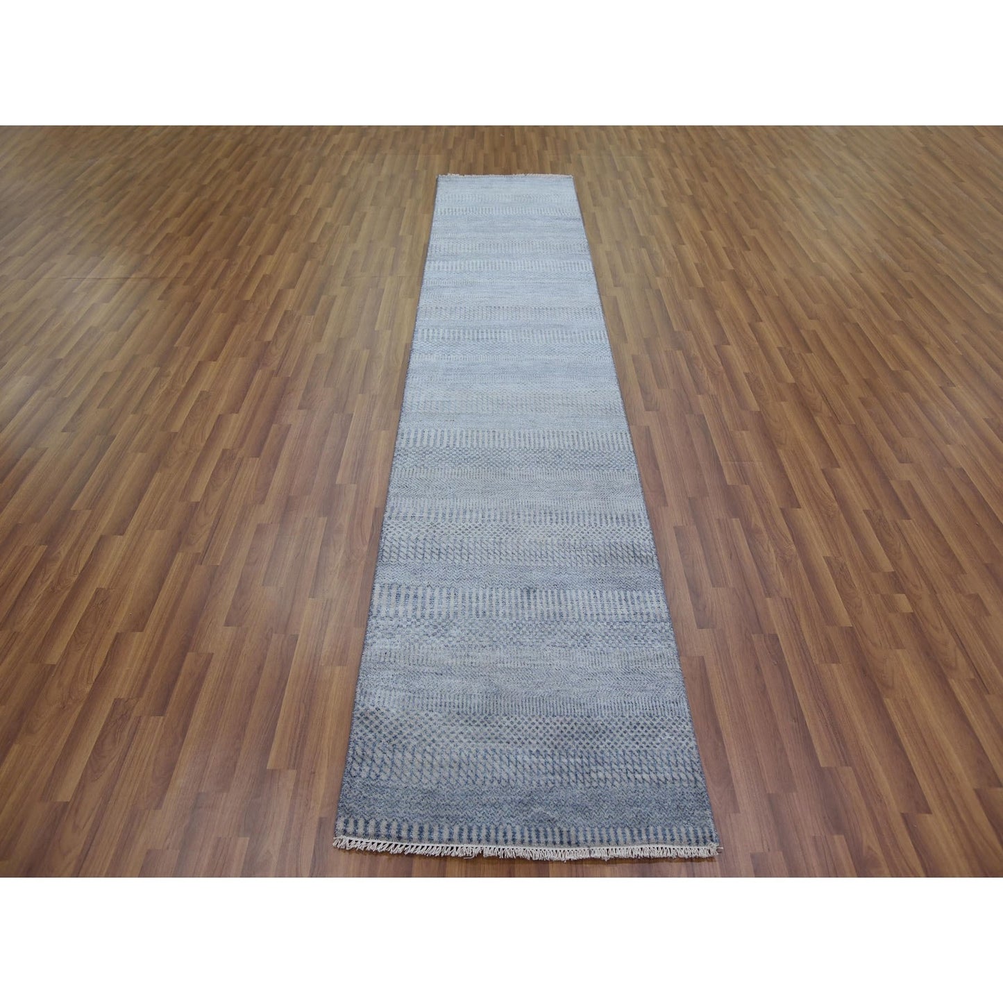 2'6"X12' Gray, Modern Grass Design, Wool And Silk Hand Knotted Runner Rug
