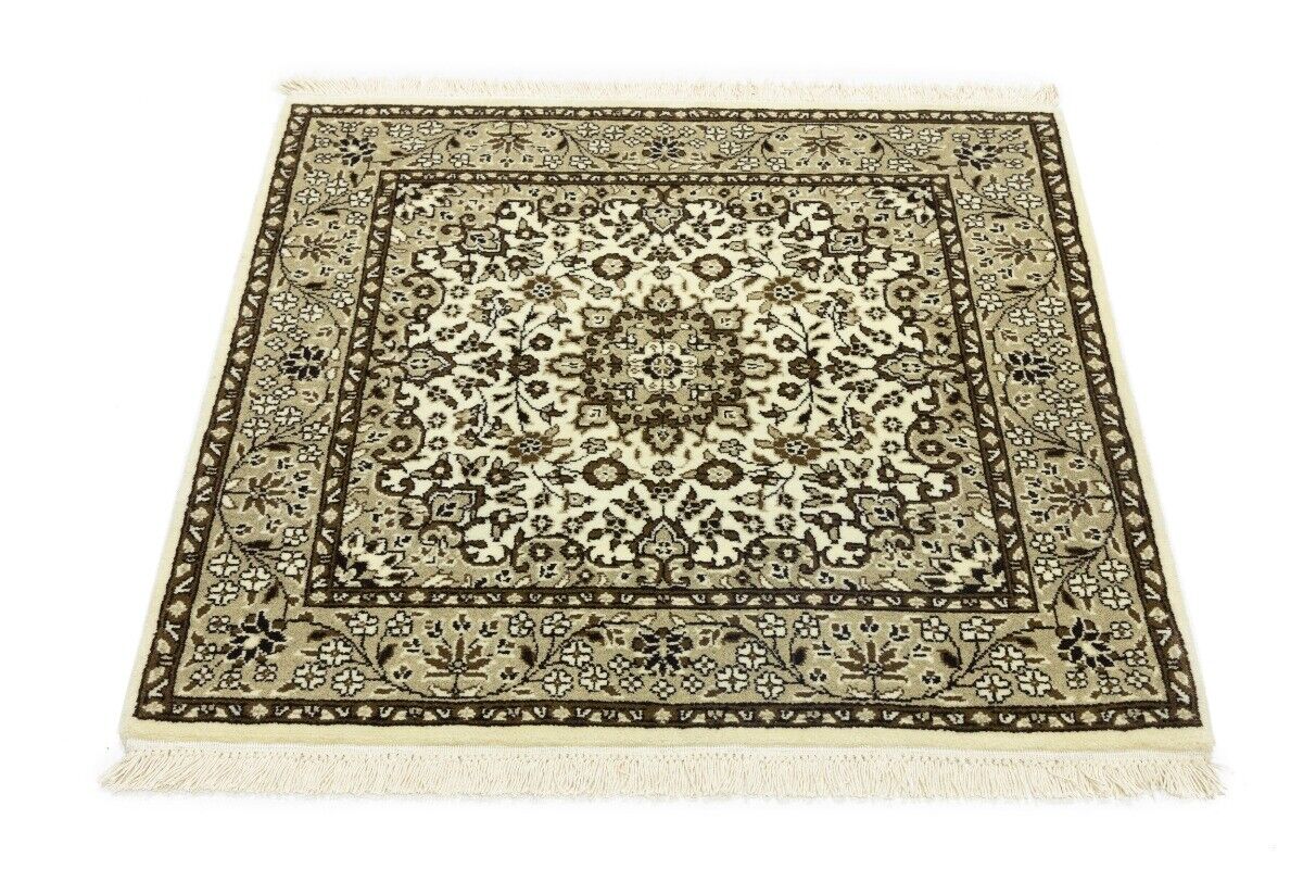 Handmade Kirman Square Rug Cream Floral Medallion