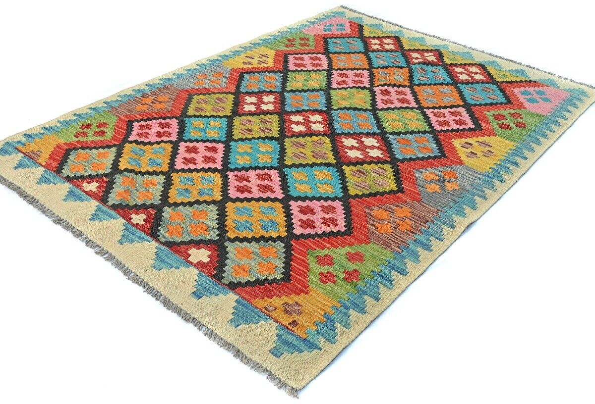 4X6 Ft Kilim Oriental Rug Multicolor Geometric