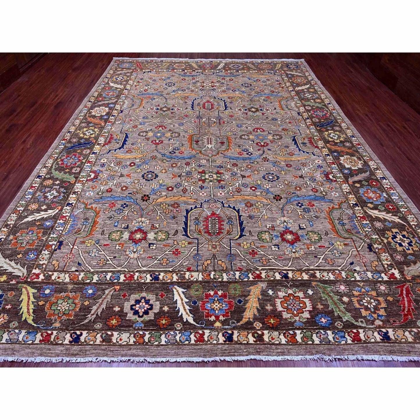 10'X13'4" Stone Gray Peshawar Heris All Over Design Wool Hand Knotted Rug