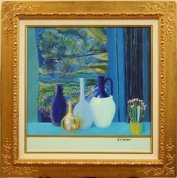 Hlne C. Pichot "Nature Morte Sur Fond Bleu Et Vert" Original Oil Painting