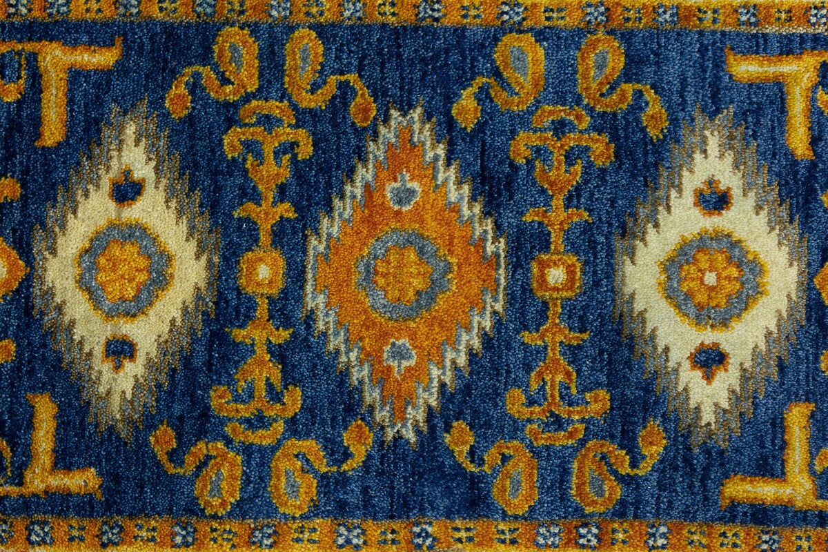 Vintage Style Blue Geometric Kazak Runner Rug