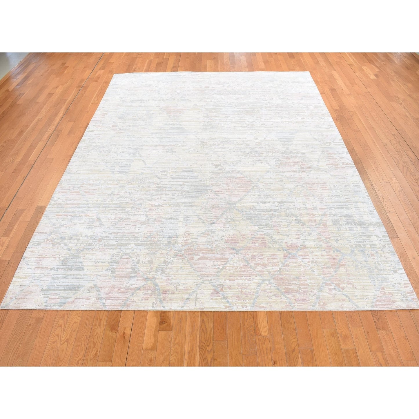 9'X11'10" Light Yellow Trellis Design Wool And Silk Hand Knotted Rug