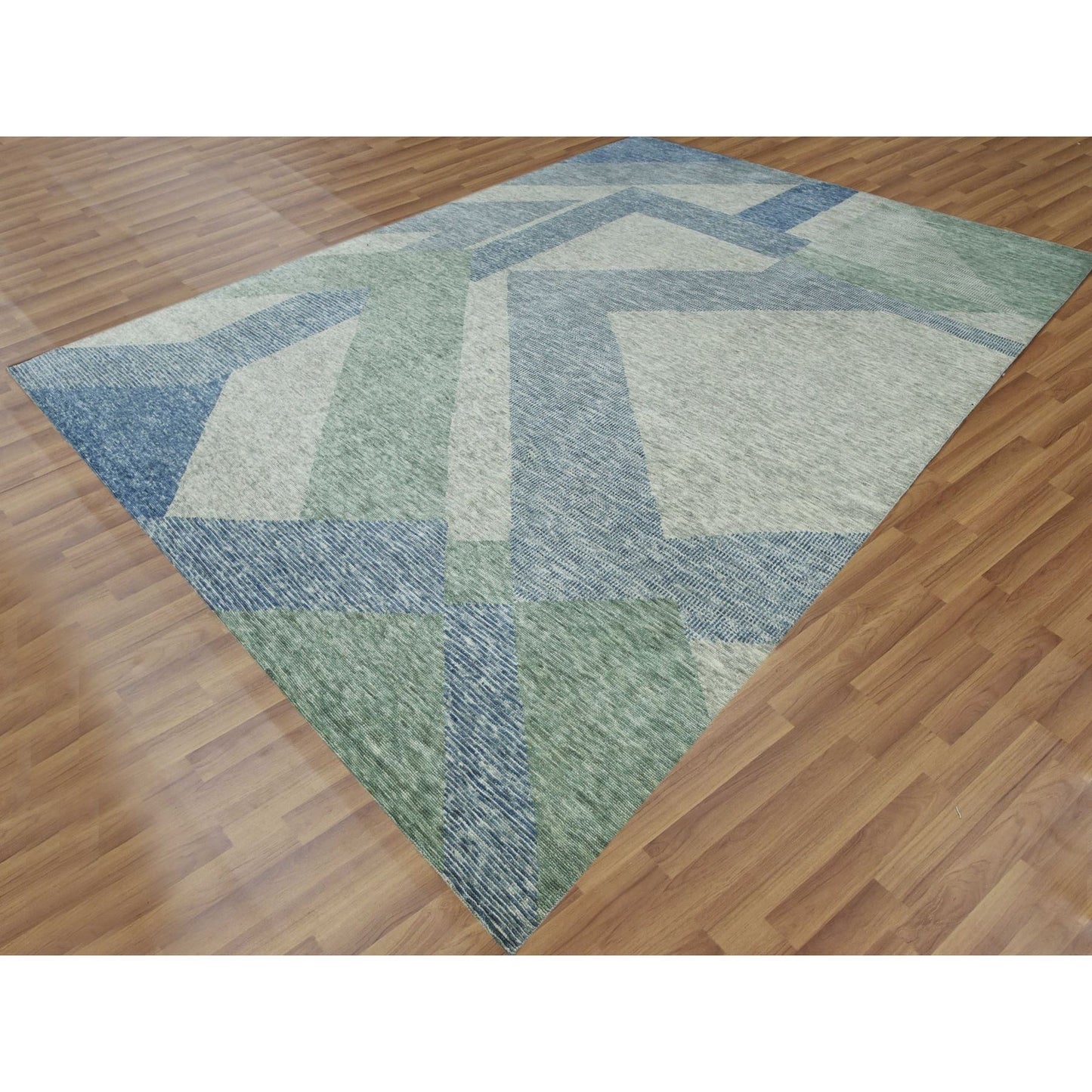 10'X14' Green Wool Hand Knotted Geometric Art Deco Collection Rug