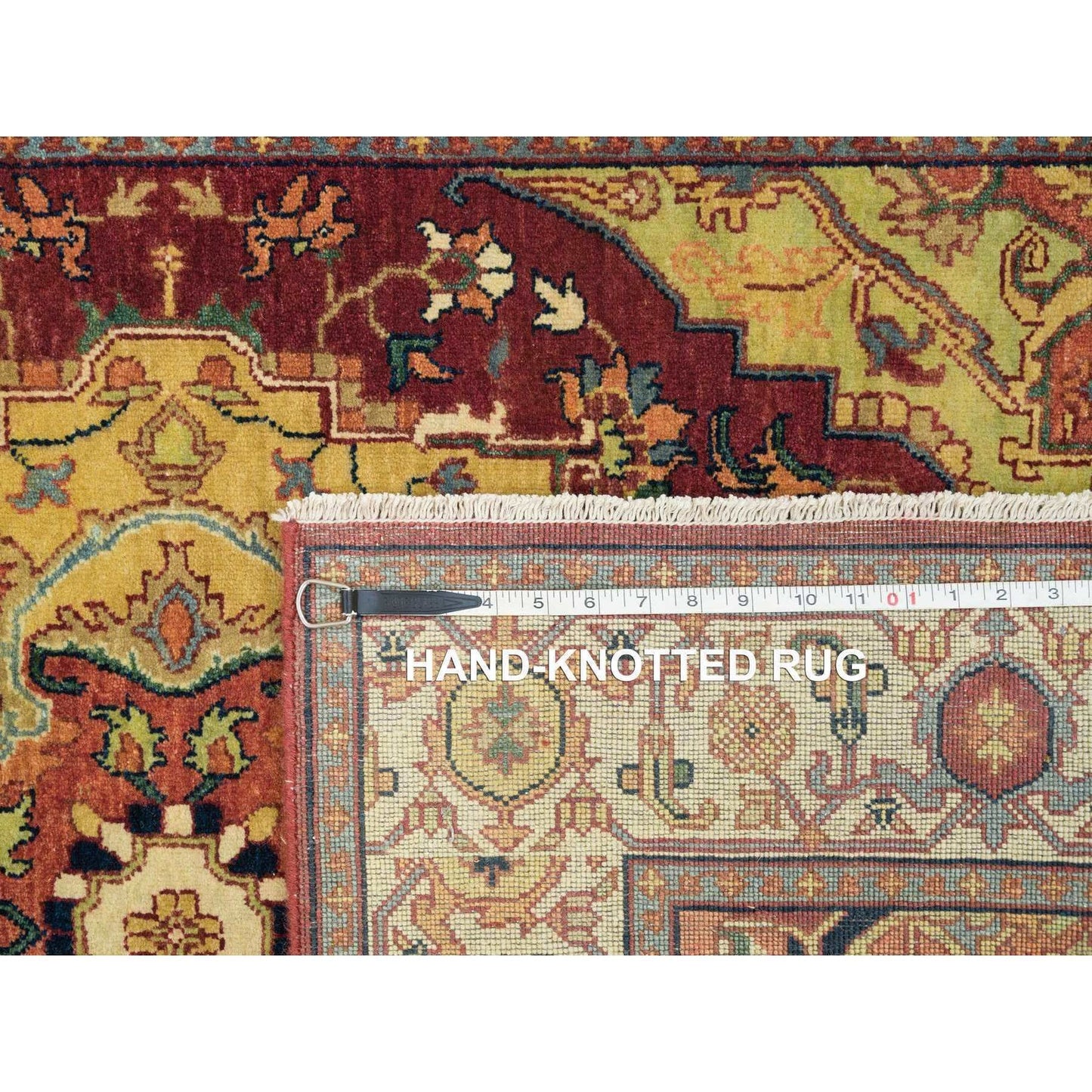 3'10"X12'1" Red Pure Wool Hand Knotted Heris Re-Creation Wide Runner Rug