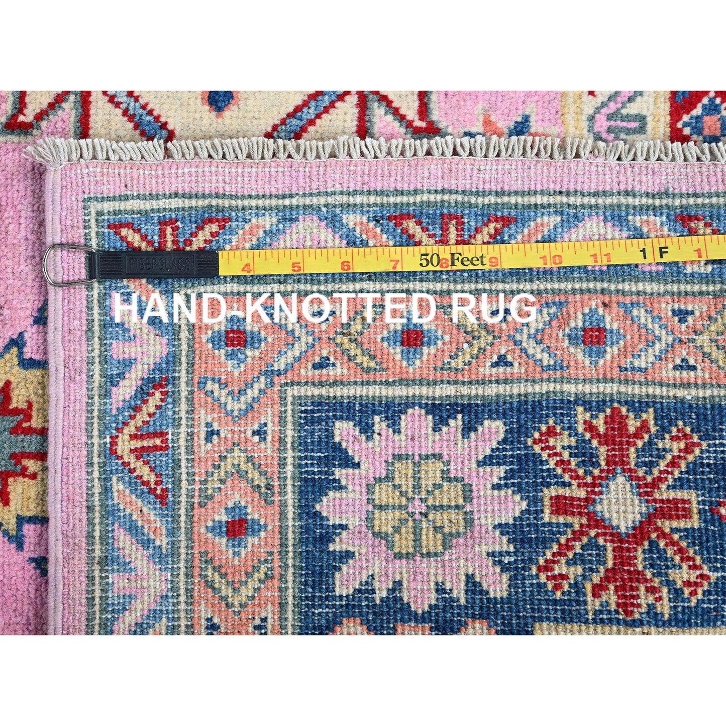 5'X6'7" Aurora Pink Kazak With Geometric Design Hand Knotted Pure Wool Rug