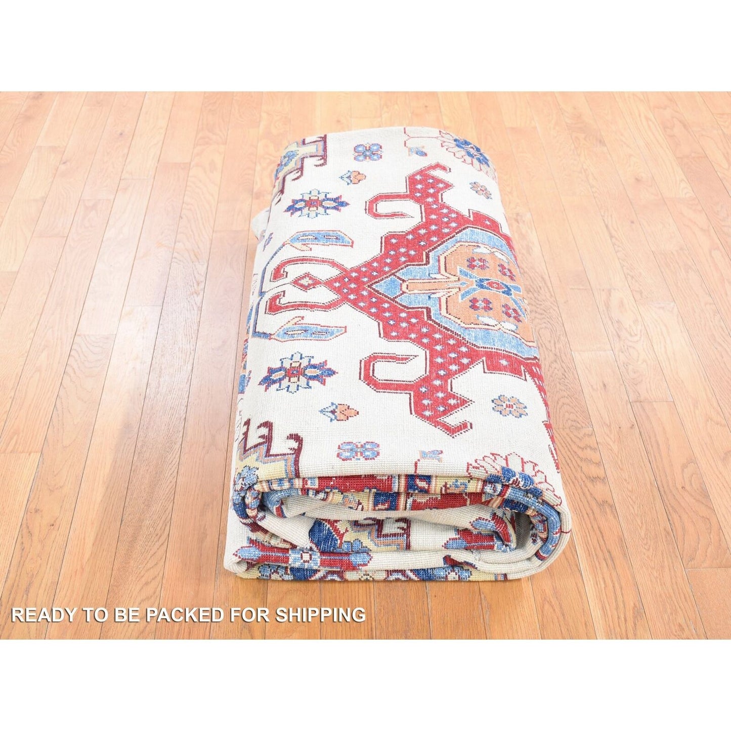 10'X13'3" Ivory Special Kazak With Geometric Design Wool Hand Knotted Rug