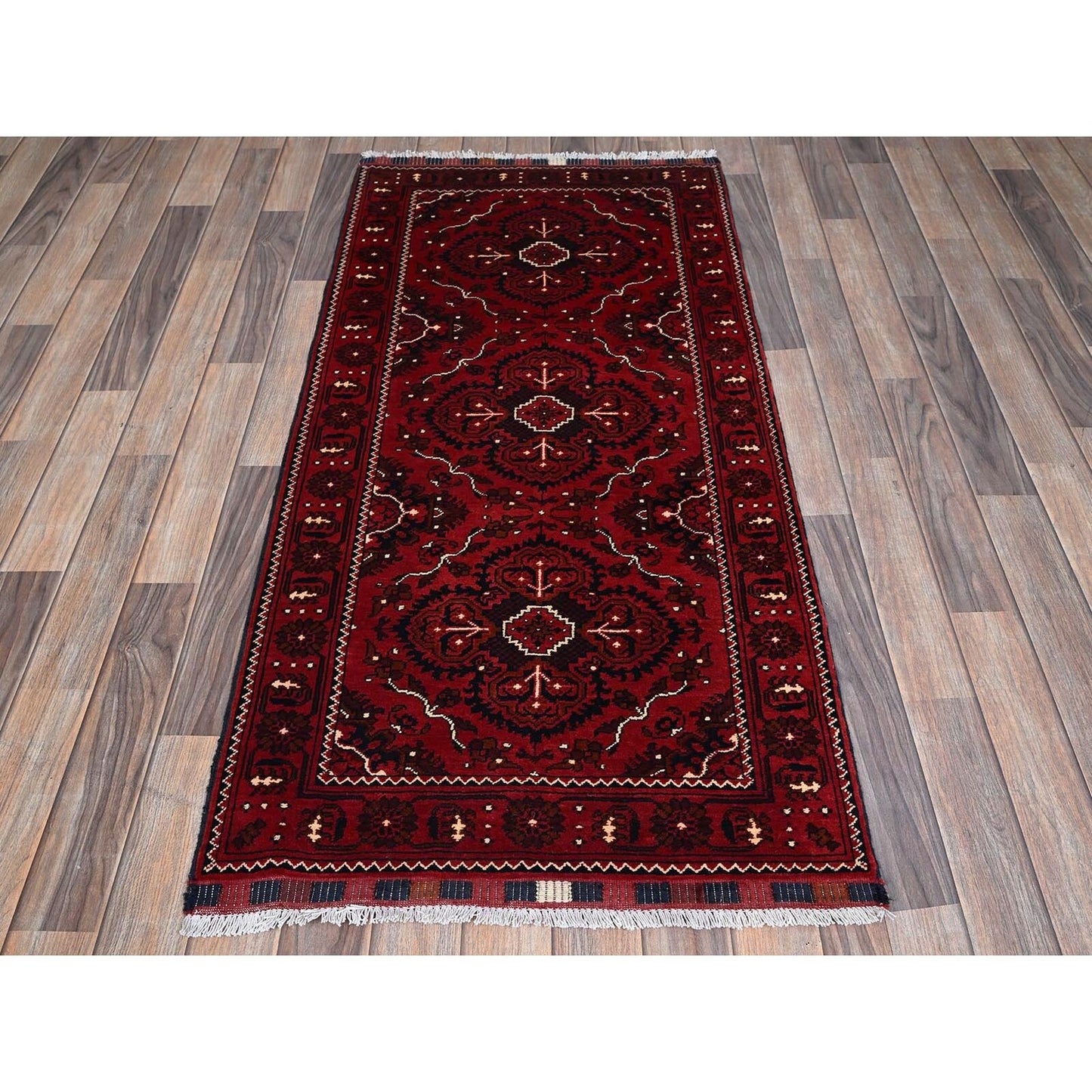 2'7"X5'2" Red Afghan Khamyab Tribal Design Hand Knotted All Wool Runner Rug