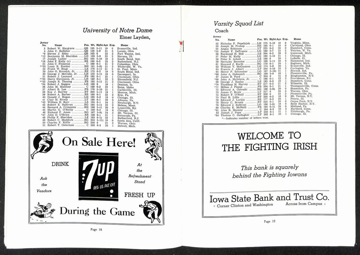 1939 Iowa Vs Notre Dame Vintage College Football