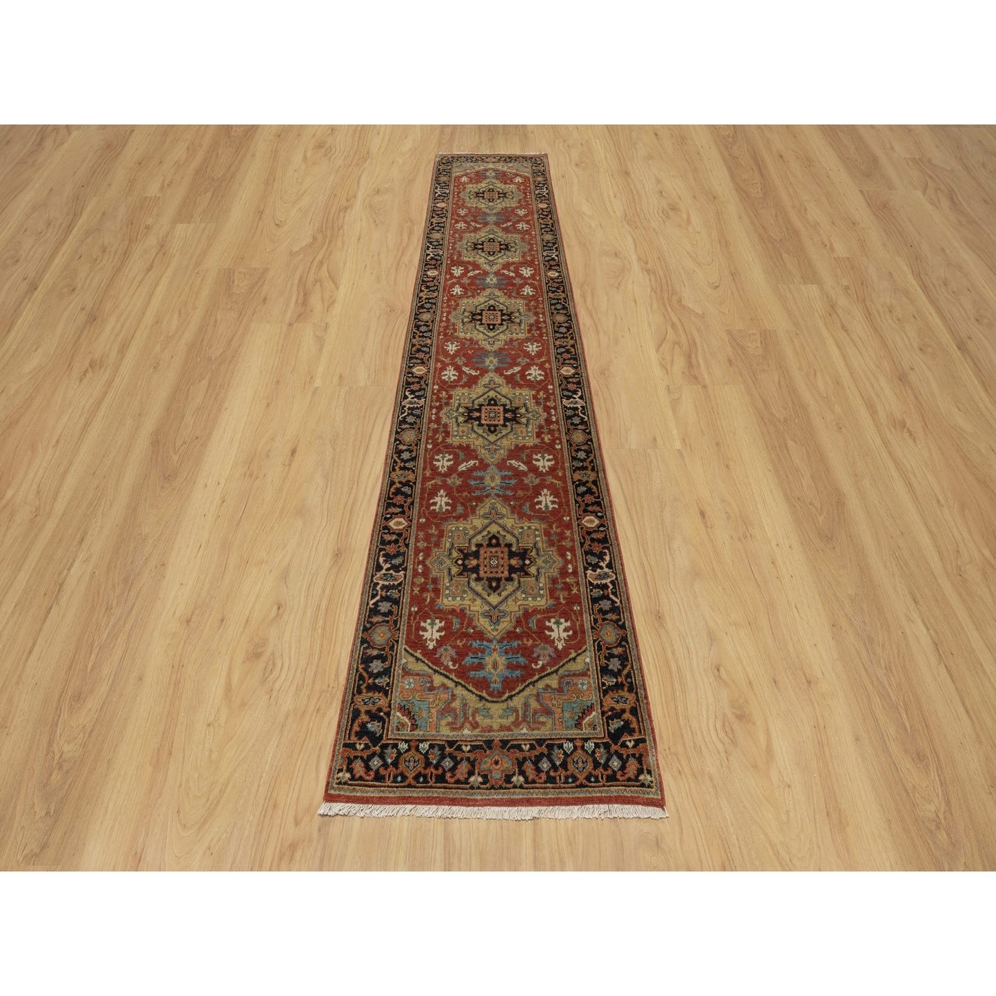 2'6"X12'2" Red Hand Knotted Antiqued Heris Revival Pure Wool Runner Rug
