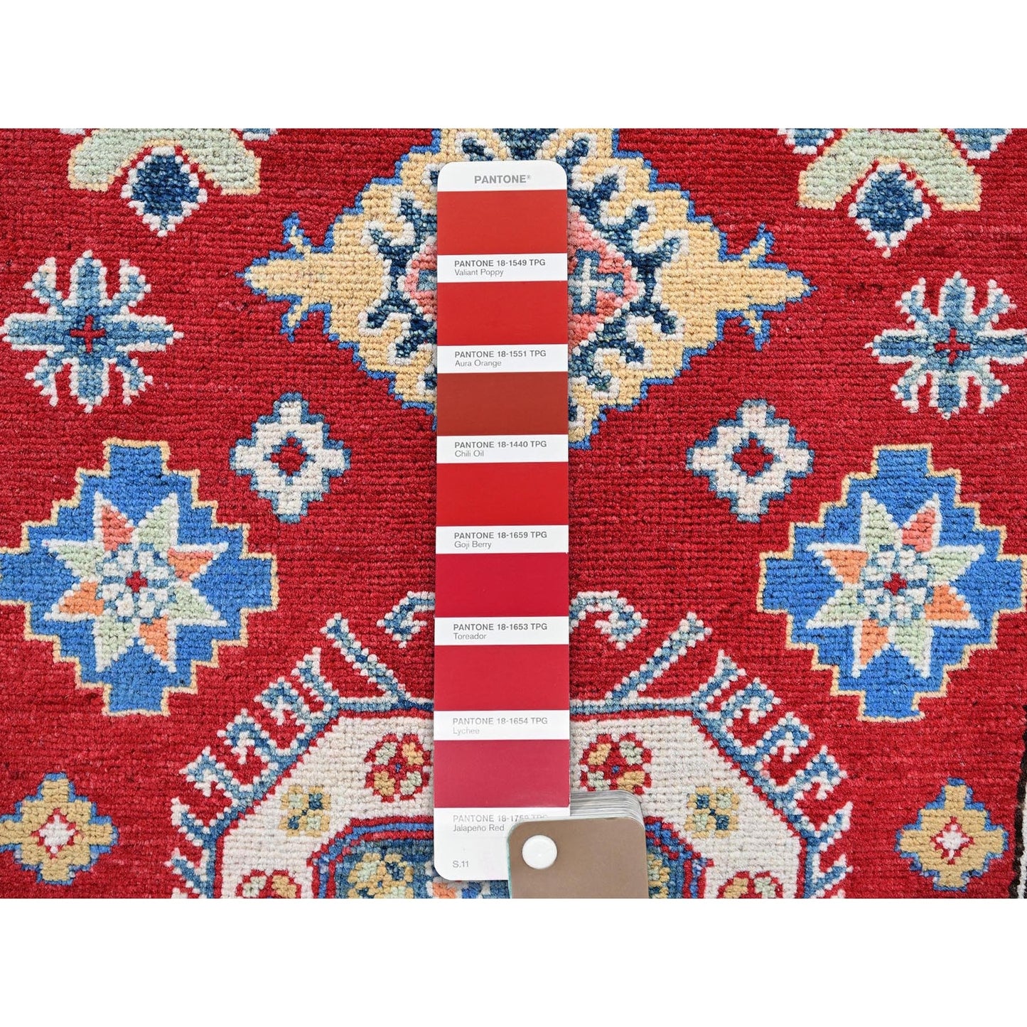 3'3"X4'10" Red Kazak With Geometric Design Hand Knotted Wool Oriental Rug