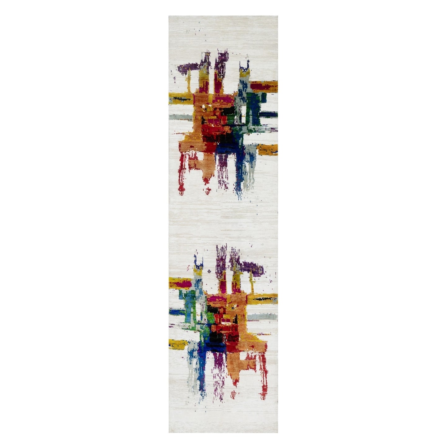 2'6"X9'10" Ivory Abstract Motifs Wool And Silk Hand Knotted Runner Rug