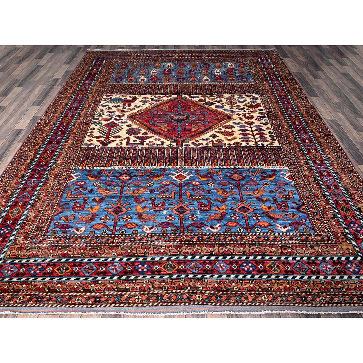 8'6"X10'8" White Hand Knotted Afghan Caucasian Design Revival Soft Wool Rug