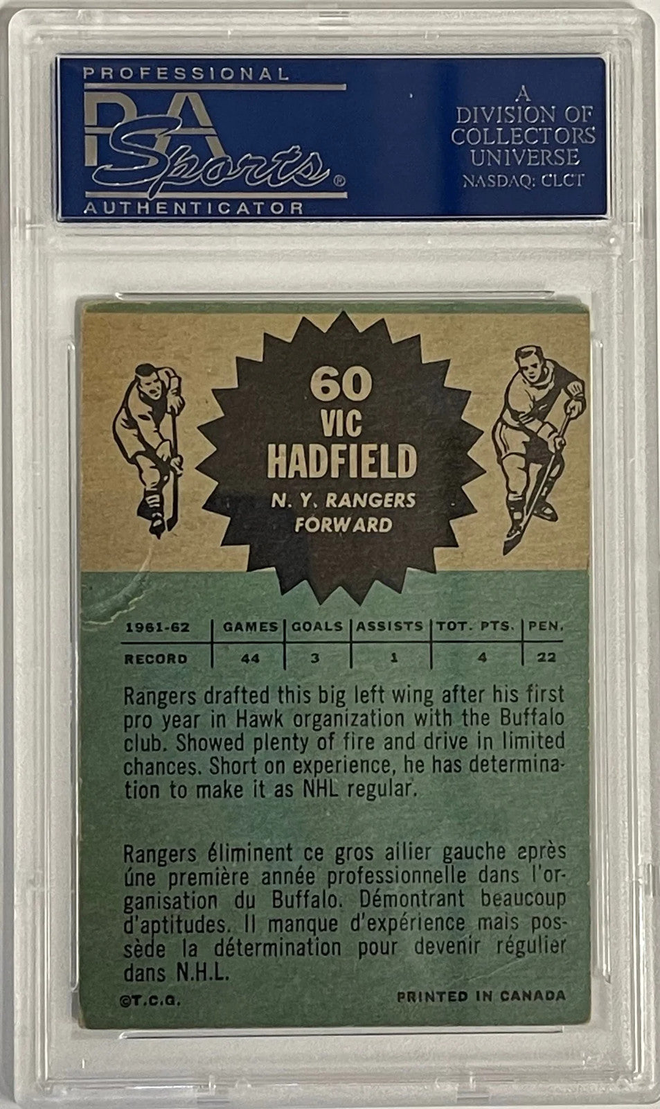 Vic Hadfield Autographed 1962-63 Topps Card #60 (Psa)